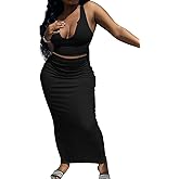 2 Piece Outfit Maxi Dress for Women, Summer Deep U Neck Sleeveless Tank Crop Tops Long Skirt Set Party Bodycon Dresses