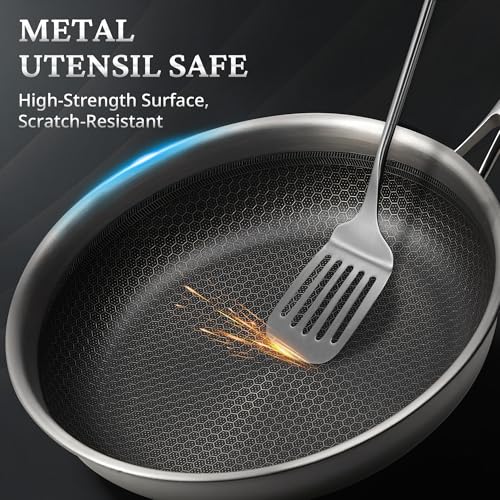 KOKHUB Stainless Steel Frying Pan with Lid, 28cm Nonstick Honeycomb Skillet, Non Toxic Cookware Pan for Induction, Electric and Gas Hob, Dishwasher/Oven Safe, PFOA Free
