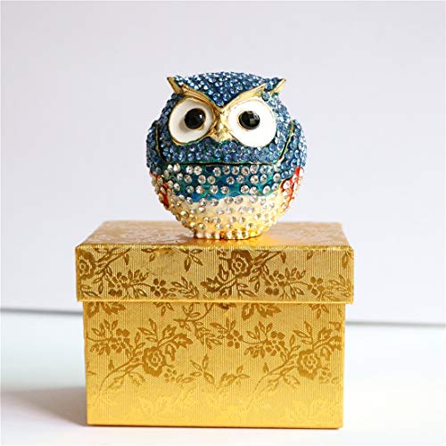 Waltz&F Diamond Light Blue Owl TrinketBox Hinged Hand-Painted Figurine Collectible Ring Holder