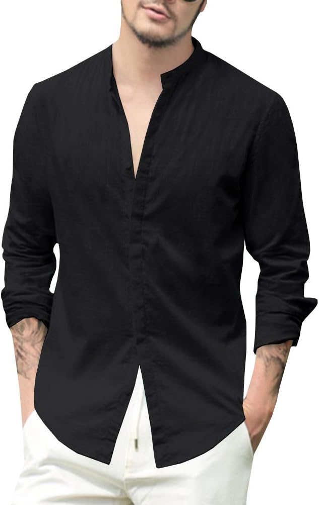 Enjoybuy Mens Linen Cotton Shirt Banded Collar Casual Long Sleeve Loose Fit Summer Beach T Shirts