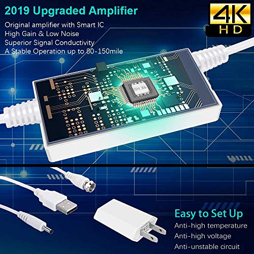 [2019 Newest] TV Antenna,Indoor Digital HDTV Antenna Amplified 150Miles Range Support 4K 1080P VHF UHF & Older TV's Digital Antenna with 17ft Coax Cable/USB Power Adapter (White) - Thumbnail 3
