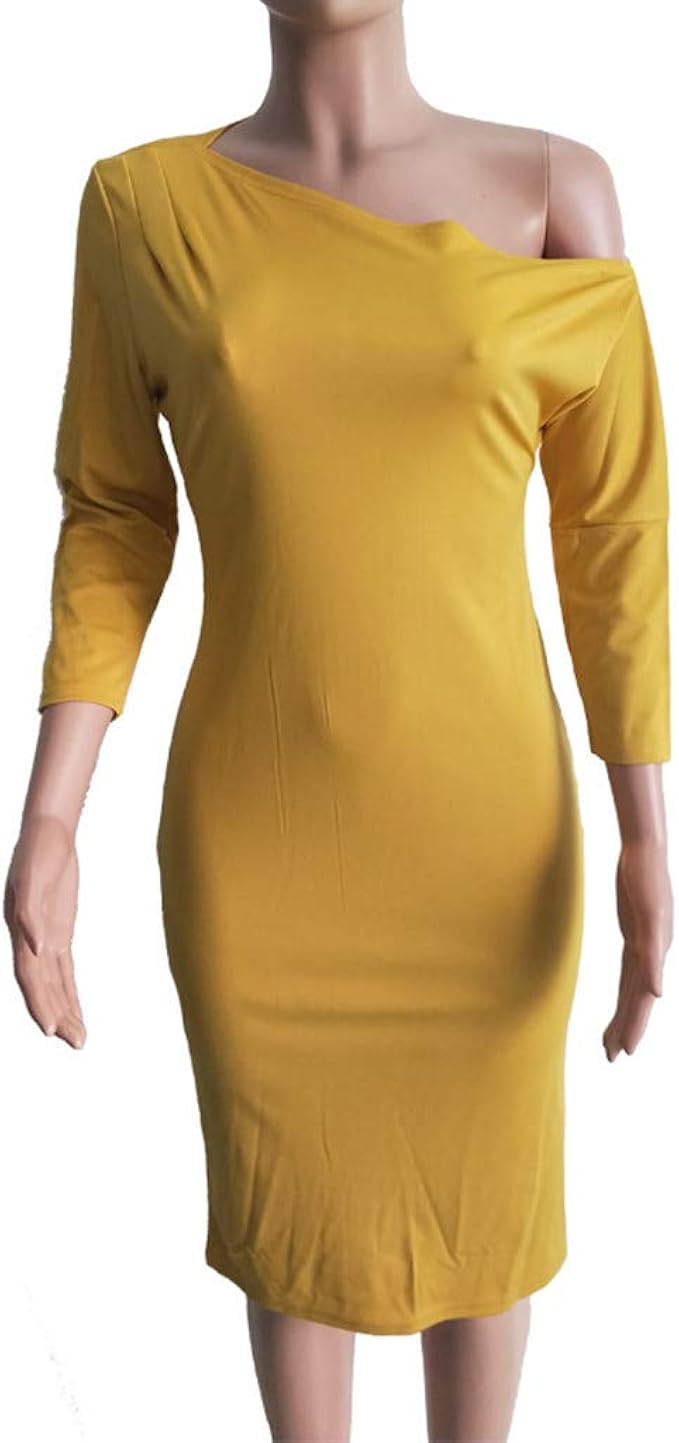 solid skew neck bodycon midi dress