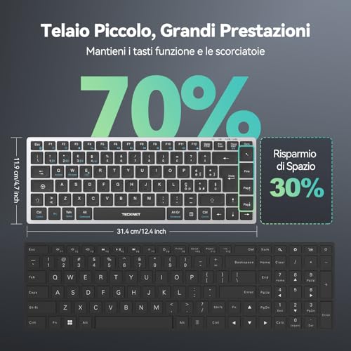 TECKNET Rechargeable Bluetooth Keyboard, 4-Device (2.4G USB+3BT), Italian Mini Wireless Keyboard, Easy-Switch for Windows, MacOS, iOS, Android, Samsung Tablet, Smart TV, Italian QWERTY Layout
