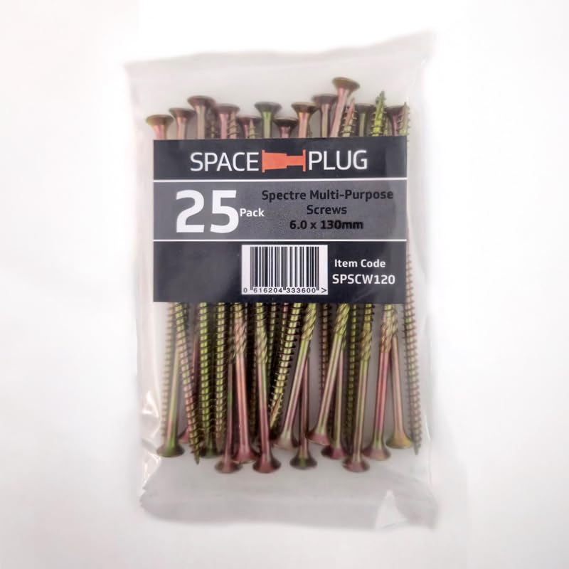 Space-Plug Spectre 6mm x 130mm CSK Multipurpose Countersunk Screw (25 Pack) For Joinery, Repairs, Wood And Fittings