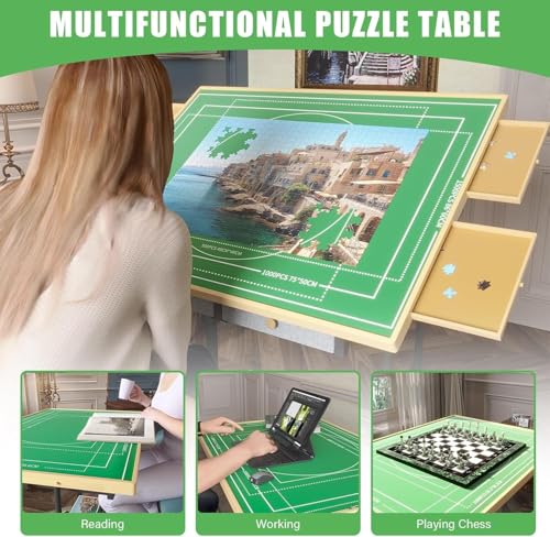 KAPEICamper 1500 Piece Puzzle Table with Adjustable Height, Jigsaw Puzzle Board with 4 Wooden Drawers & 2 Large Fabric Drawer & Cover & Storage Shelf, 86x67cm Angle Board Easel with Wheels for Adult