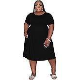 Tycorwd Women's Plus Size Casual Midi Dress Summer Short Sleeve Beach Dress Swing Flowy Tiered Dresses