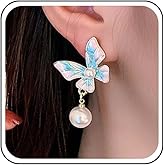 Erimberate Bohemian Butterfly Pearl Dangle Earrings Pink Butterfly Pearl Drop Earrings Blue Enamel Butterfly Stud Earrings Butterfly Pearl Earrings Jewelry for Women