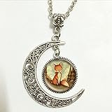 Fox Animal Pendant,Fox Necklace,Red Fox Moon Jewelry,moon Necklace Glass Art Picture