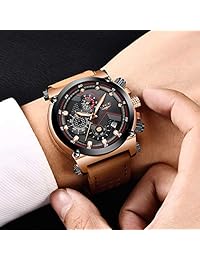 LIGE Reloj de cuarzo deportivo de moda para hombre con correa de cuero marrón Cronógrafo Impermeable Fecha automática Analógico Negro Hombres Relojes de pulsera