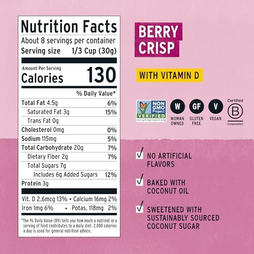 PURELY ELIZABETH, BERRY CRISP, ANCIENT GRAIN GRANOLA WITH VITAMIN D, GLUTEN-FREE (8OZ BAG)