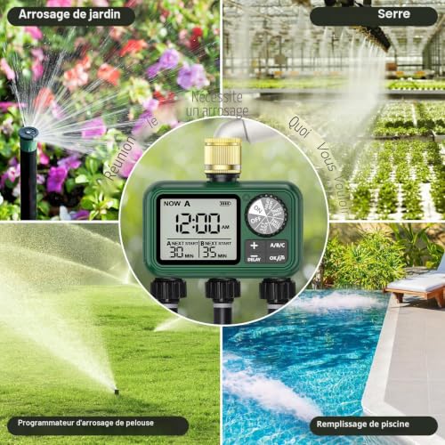 3 Way Water Timer with Brass Inlet, Large LCD Display, Automatic Watering for Garden, Programmable Irrigation, Simple Use, Rain Delay Manual Watering for Garden