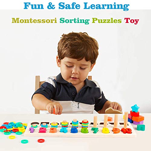 Montessori Wood Blocks Puzzle Board Set for Toddler Preschool Kids, Learning & Educational Toys for Number Counting, Colors Stacking, Shape Sorting, Early Education Toy