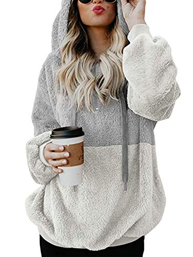 TEMOFON Women's Long Sleeve Zipper Sherpa Sweatshirt Pullover Fuzzy Fleece Winter Casual Hooded Outwear Jackets Coats Light Grey S
