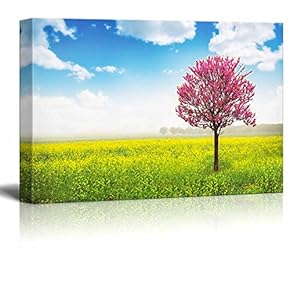 Pink Tree in Yellow Field and Blue Sky