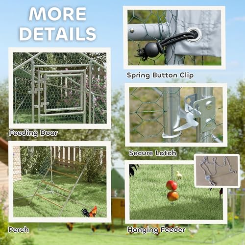 PawHut Chicken Run, Large Metal Chicken Coop with Feeding Door, Waterproof & UV-Resistant Cover, Hanging Feeder, Perch, Poultry Cage for Outdoor, Backyard, Farm, for 18-24 Poultry