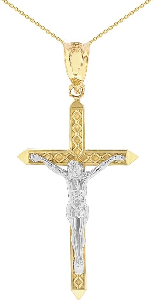 Solid 14k TwoTone Gold Artistic Cross Catholic Crucifix Pendant