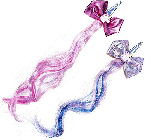 Cosweet 2 Pcs Rainbow Glitter Hair Bows Long Wig Hairpins, Unicorn Hair Clip with Colorful Wave Synthetic Hair Extensions-for Girls