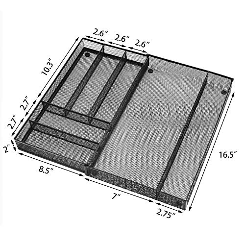 Ovicar Mesh Kitchen Drawer Cutlery Trays, Expandable Silverware Tray, Utility Flatware Organizer Utensil Holder with Non-slip Feet for Kitchen, Office, Bathroom Supplies (7 Slot, Black)