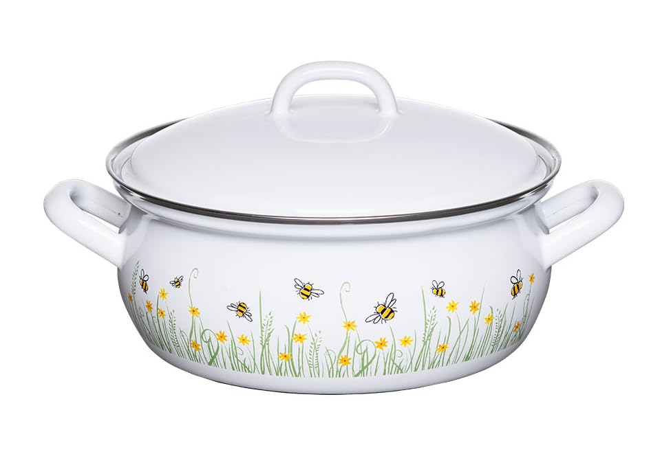 Riess, 0164-137 Stock Pot with Lid, 16 cm, 1.5 Litre, 22.5 x 17.8 x 15.5 cm, Weight: 1.05 kg, Bee, Enamel (0171-137)