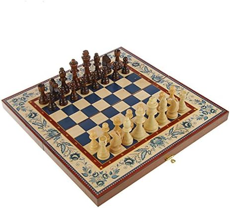 16" Russian Wood Backgammon Checkers Chess 3 in 1 Game Set "Gzhel"