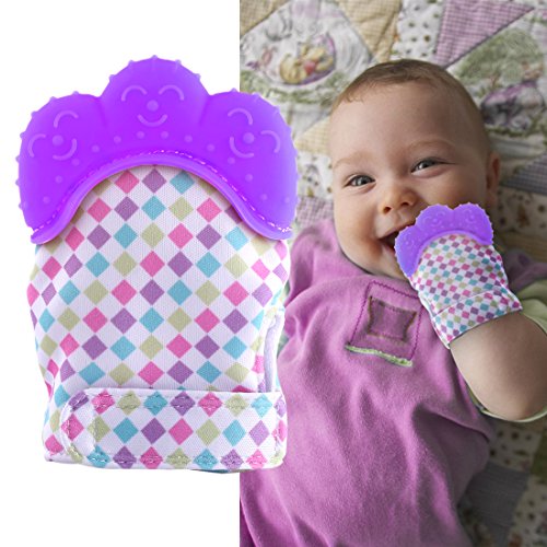Teething Mitten, FenglinTech 2PCS Baby Soothing Teether Crawling Protective Gloves with Hygienic Travel Bag - (Purple)