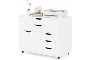 Giantex File Cabinet, Rolling Lateral Filing Cabinet with Wheels, 5 Drawers, Load 220 Lbs, Office Craft Storage Organization, Mobile Storage Organizer, Printer Stand for Home Office (White)
