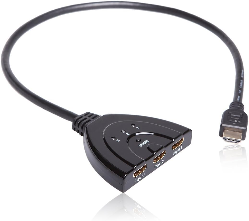 GICHA New Fashion High Speed 3 Port Hdmi Auto Switch Pigtail Switcher Splitter HUB Box for Hdtv 1080p 3 in 1 Out with 2.43ft 0.74 Meter Hdmi Cable Support 3d