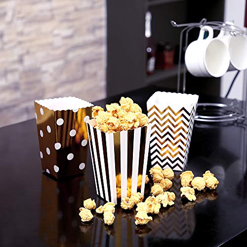 CLAIREBOX Popcorn Boxes Gold Stamping Trio Polka Dot, Chevron, and Striped Assorted Designs - Movie Theater Night, Festivals, Wedding Favors (30 Boxes) (Gold)