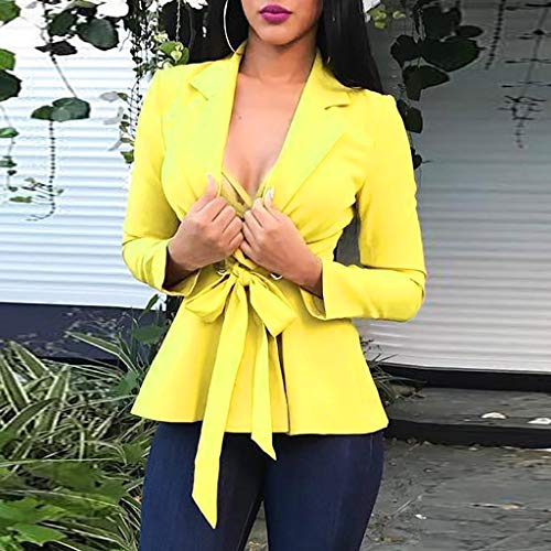 Sunward Womens Casual Work Office Open Front Bandage Blazer Jacket Yellow (XL, Yellow) - Thumbnail 2
