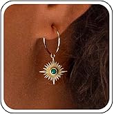 Aneneiceera Vintage Turquoise Sun Dangle Earrings Gold Sun Flower Hoop Earring Metal Flower Huggie Earring Brass Geometric Earrings Jewelry for Women