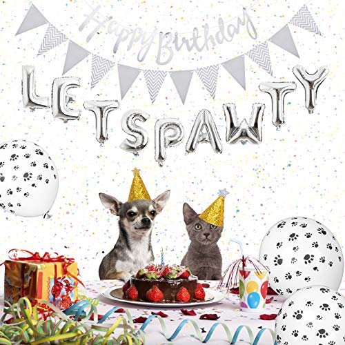 Dog Birthday Party Supplies, Lets Pawty Balloons Banner,Paw Print Balloons, Pet Birthday Hat Happy Birthday Banner Foil Balloons