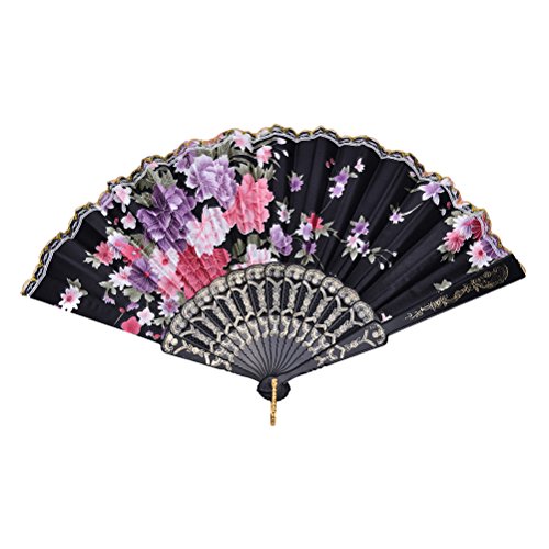 Eshylala Lace Silk Folding Hand Held Flower Pattern Fan for Dance Wedding Party,Chinese Style Folding Fan