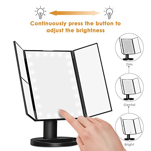 Amzdeal Makeup Vanity Mirror with 1X 2X 3X Magnifiers 24 Led Lighted Tri Fold Makeup Mirror 180 Degree Rotatable Countertop Bathroom Cosmetic Mirror, Black