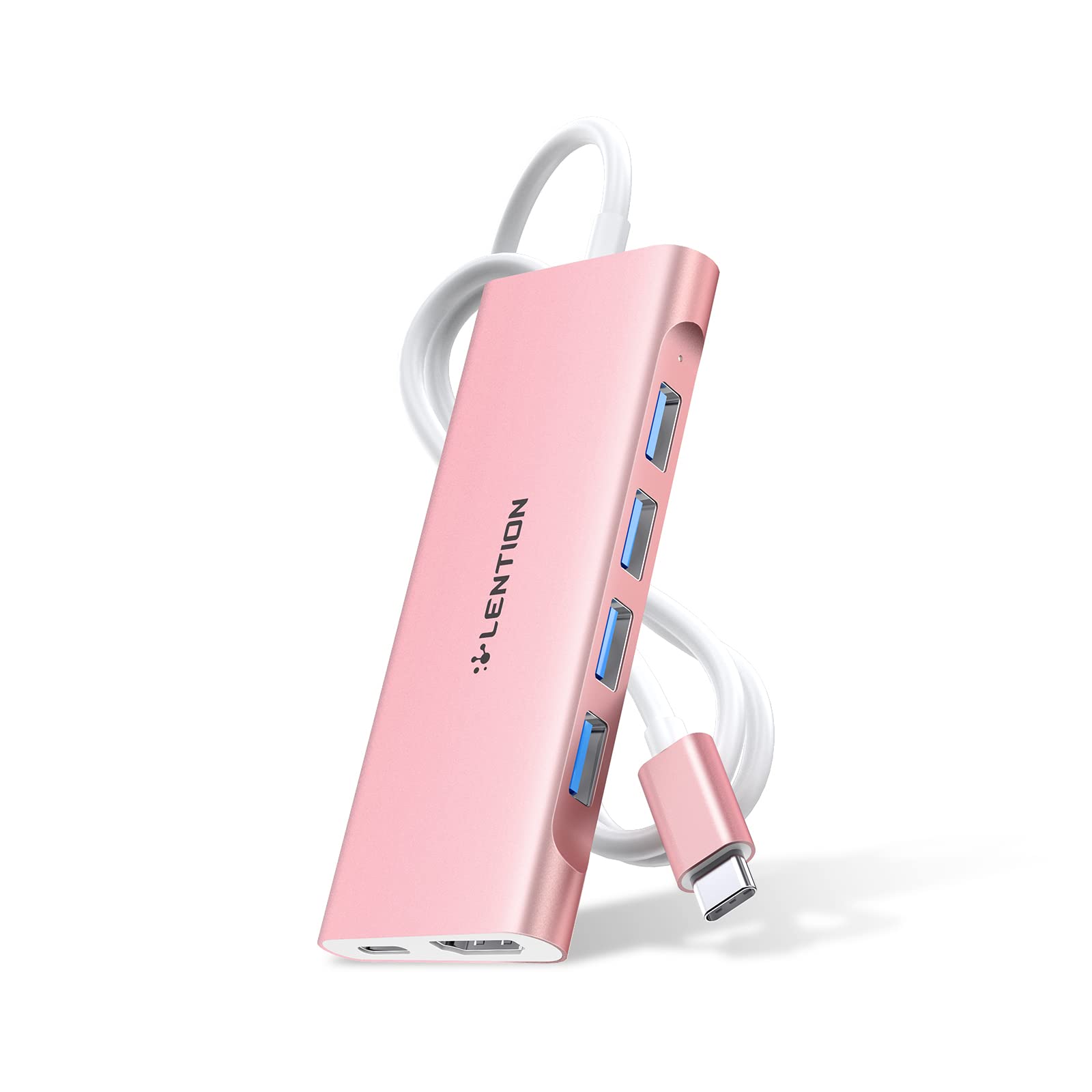 LENTION 3.3FT Long Cable USB C Hub Multiport Adaptor with 4K HDMI 4 USB 3.0 Type C Charging Adapter Compatible 2025-2016 MacBook Pro, New Mac Air/Surface Chromebook More (C35-1M Rose)