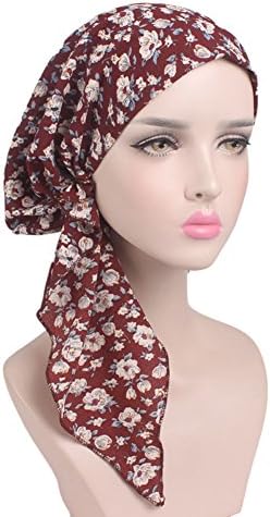 Sainfee Women Long Tail Turban Cap Cotton Muslim Headwrap (Floral Red)