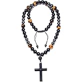 GENASTO Healing Crystal Beads Necklace for Men Triple Protection Men Cross Necklace Black Obsidian Tiger Eye and Hematite Beads Christmas Gifts for Prayer and Meditation