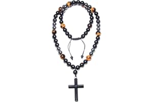 Healing Crystal Beads Necklace for Men - GENASTO Triple Protection Necklace Black Obsidian Tiger Eye and Hematite Beaded Cros