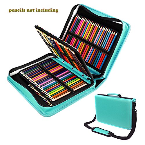 JAKAGO 210 Slots Pencil Case PU Leather Pencil Holder Sleeve Pen Bag with Adjustable Removable Strap Snap Hook for Watercolor Pencils, Colored Pencils, Gel Pens, Cosmetic Brush,Eraser (green)