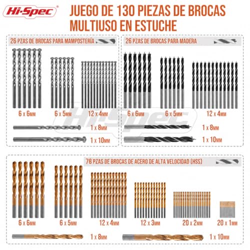 Hi-Spec Juego de Brocas Múltiples de 130 Piezas. Set Brocas de Acero Recubiertas en Titanio HSS. Para Metal, Madera y Piedra. Kit de Herramienta Esencial Para Taladros Electricos. Con Maletín