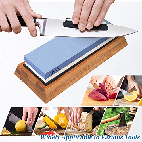 Whetstone Knife Sharpening Stone 2 Side 1000/6000 Grit Whetstone Sharpener Includes NonSlip Bamboo Base, Angle Guide, Polishing Tool for Kitchen, Hunting and Pocket Knives or Blades by AHNR