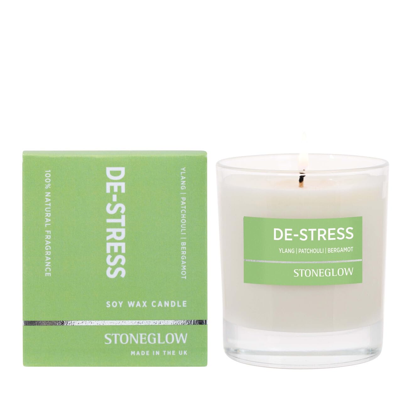 Stoneglow Wellbeing Collection - De-Stress 220 Grams Scented Candle - Ylang, Patchouli, Bergamot (Green)
