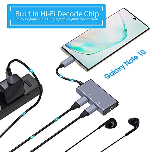 USB C to Headphone Adapter, 3 in 1 USB C to 3.5mm Audio with USB Type C Female Audio Port + PD Power Port, Built-in DAC Technology Ensure Stable for Galaxy Note 10 Aux Adapter (Space Grey)