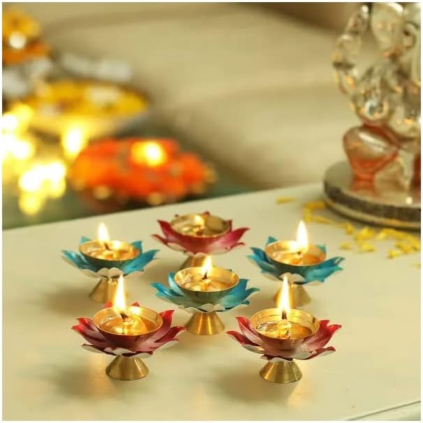 Oil Lamps & Accessories - NOBILITY Diwali Gift Halloween Gift Oil Lamp Brass Diya Lotus Flower Petal Kamal Shape Metal Deepak Traditional Deepawali Puja Pooja Items Dia Home Decoration Gift Items Bulk - Red 3 pcs Blue 3 pcs
