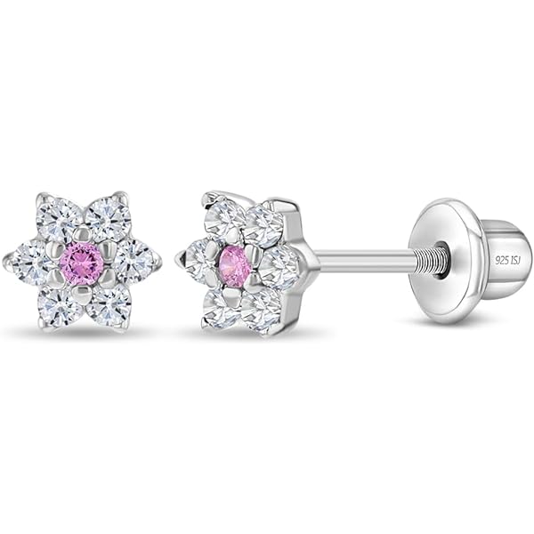 925 Sterling Silver Flower Earrings - Real Silver Kids Rhinestone Rhinestones - Unisex