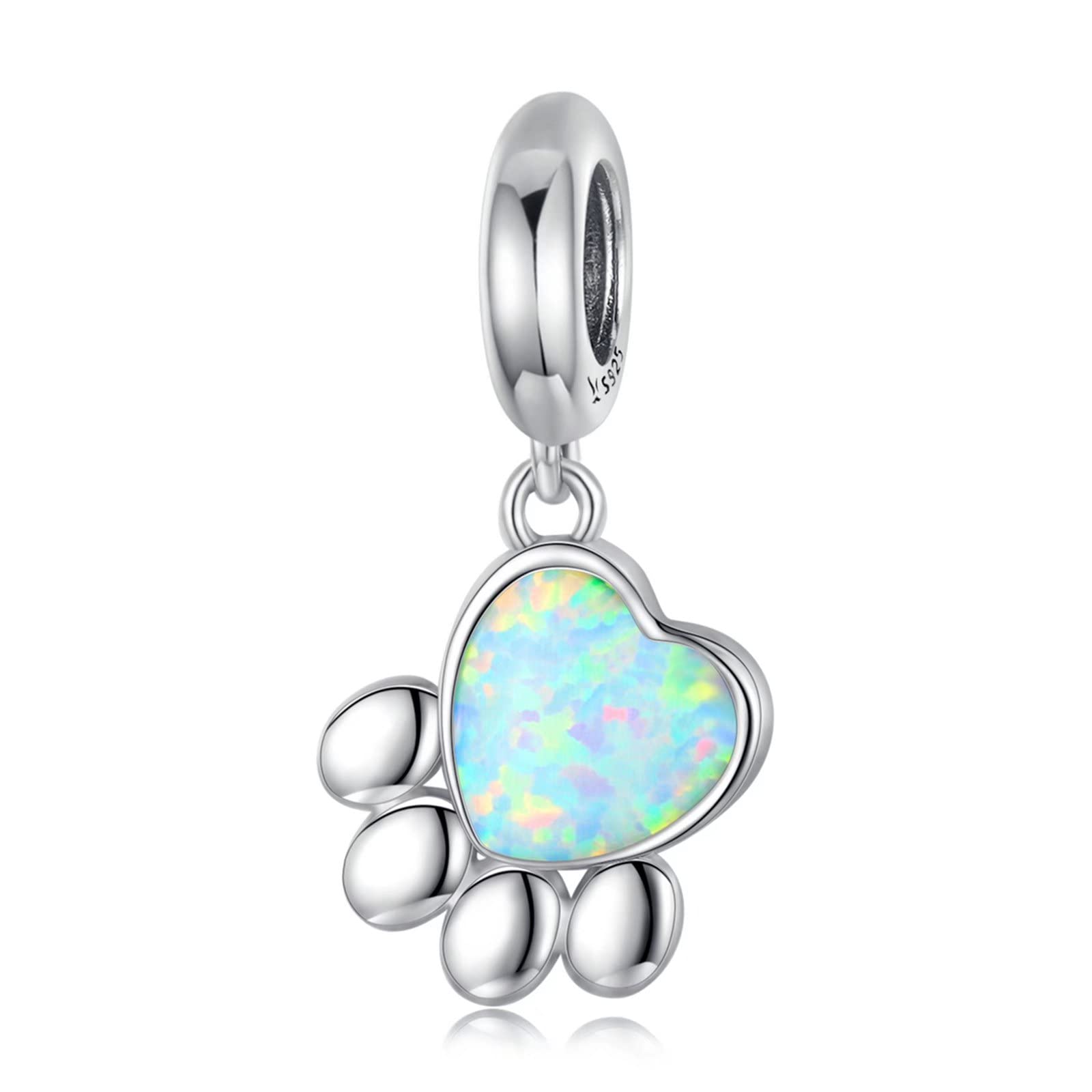 Qings Pet Paw Print Charms - Cute Footprint Bead Heart-shaped Opal Pendant 925 Sterling Silver Platinum Plated for Bracelet Necklace Gift for Women Girls