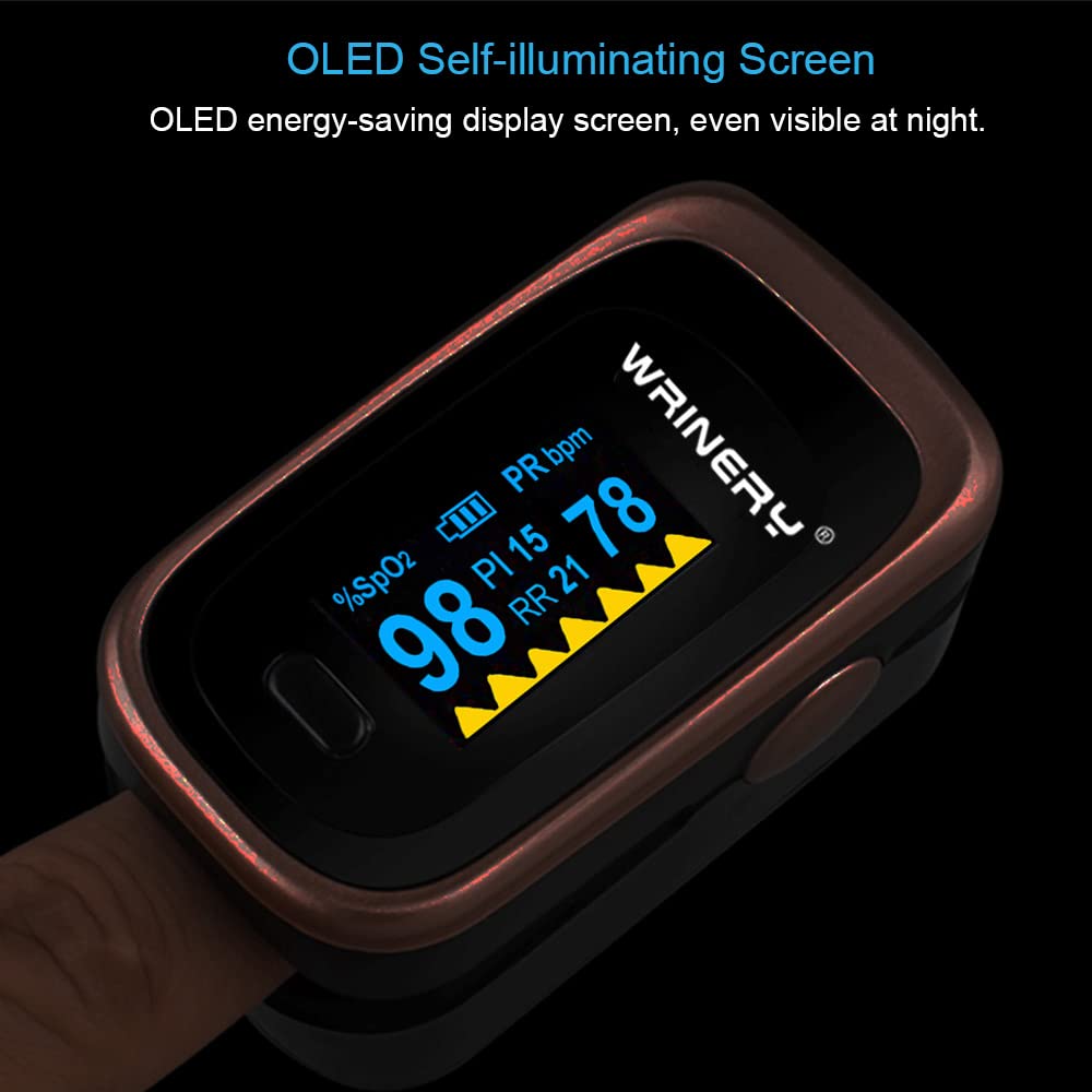 Oxygen Saturation Monitor, Wrinery Premium Pulse Oximeter Fingertip, Oxygen Monitor, O2 Saturation Monitor, OLED Portable Oximetry with Batteries, Lanyard (Rose gold-Royal black)