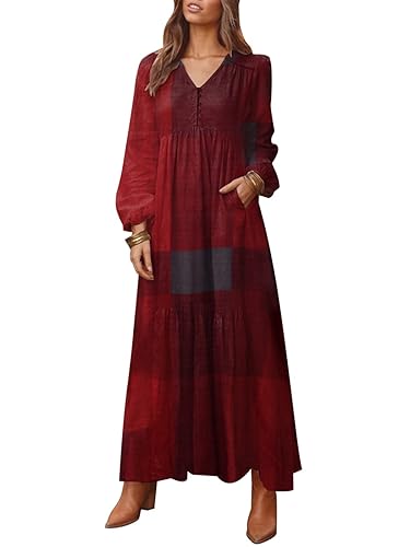 ZANZEA Women's Casual Maxi Dress Long Sleeve Loose V Neck Printed Kaftan  Party Check Plaid Shrit Dress Puff Sleeve with Pocket Wine Red XXX-Large in  Kenya | Whizz Deals on Gifts -