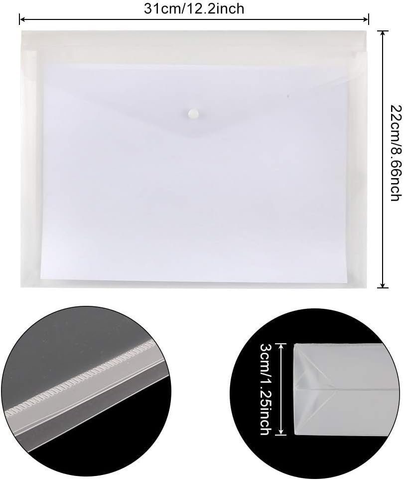 12pcs Clear Plastic Waterproof Envelope Folders with Button Closure and