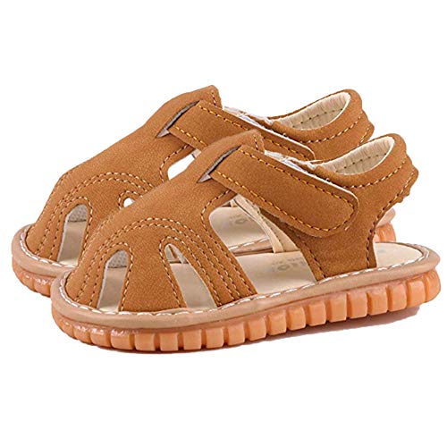 Infant Baby Boys Girls Squeaky Shoes Premium Rubber Sole Closed Toe Toddler First Walkers Summer Sandals Shoes, 4 Toddler, 01 Brown Baby Sandals