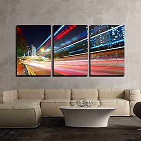 3 Piece Canvas Wall Art - Traffic at City in Night - Modern Home Art Stretched and Framed Ready to Hang - 16"x24"x3 Panels